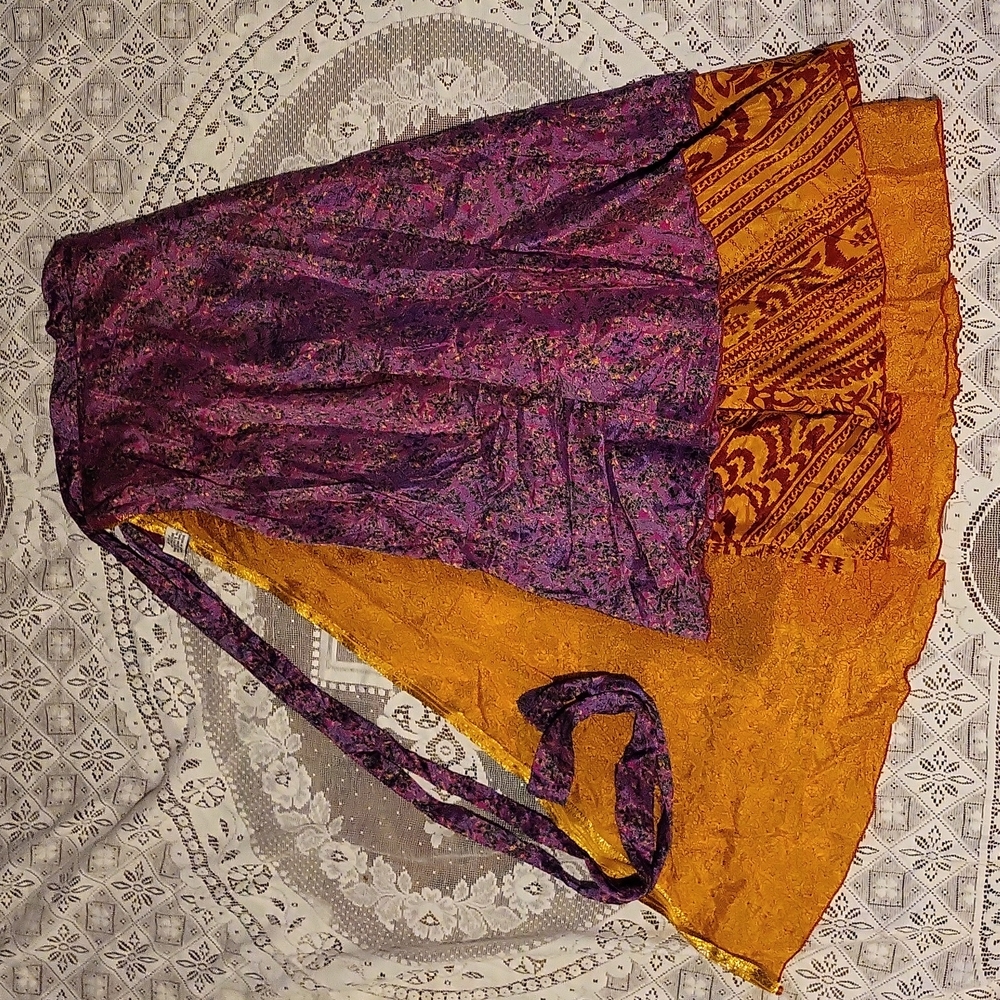 Wevez Women's Reversible Wrap Sari Skirt, Long Purple Orange Floral India